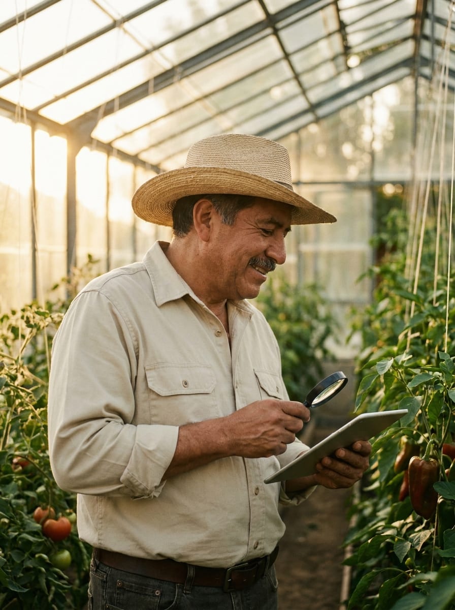 Agrónomo de AgroTec America revisando un cultivo de jitomate en invernadero