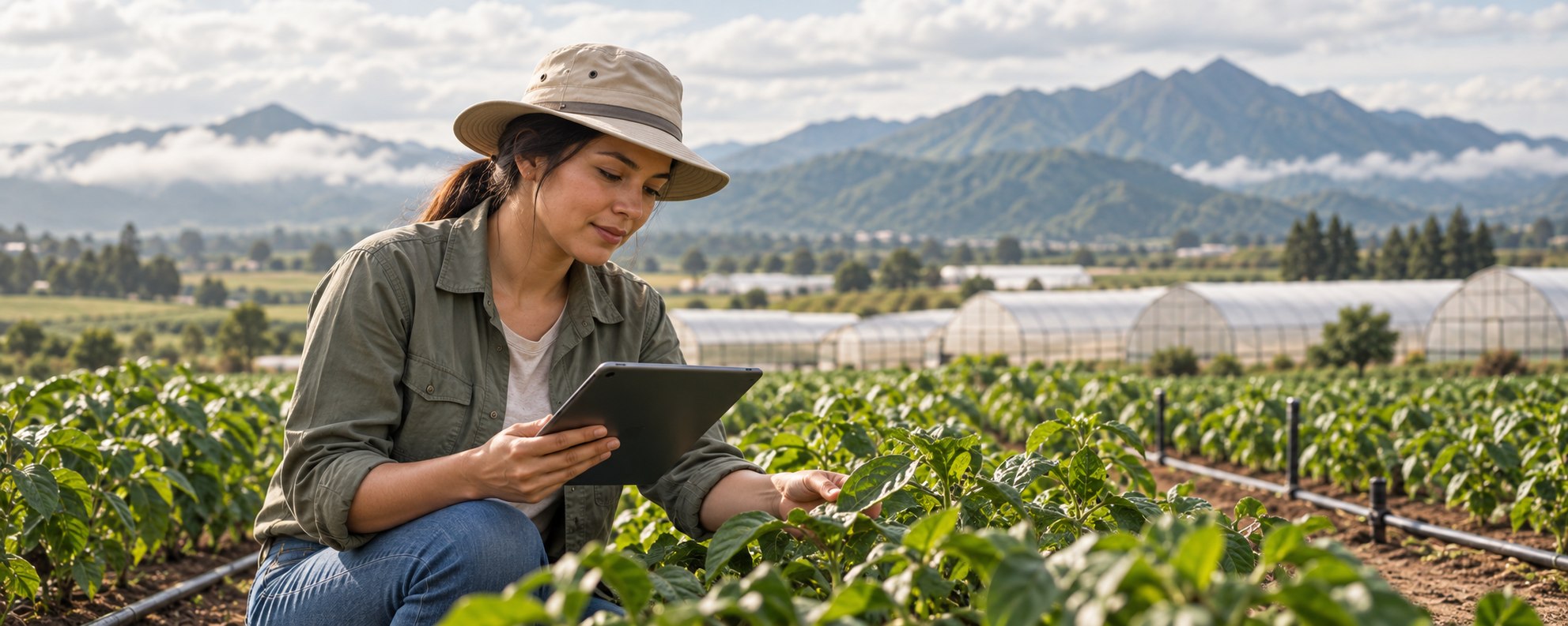 Agrónoma usando herramientas digitales en campo